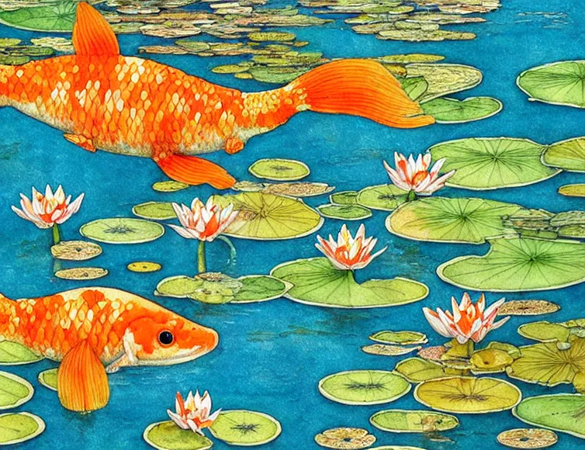 Prompt: one photo realistic orange comet goldfish swimming in a pond full of lily pads, art by walter crane and kay nielsen, beautiful composition, interesting color scheme and intricate details, watercolor art