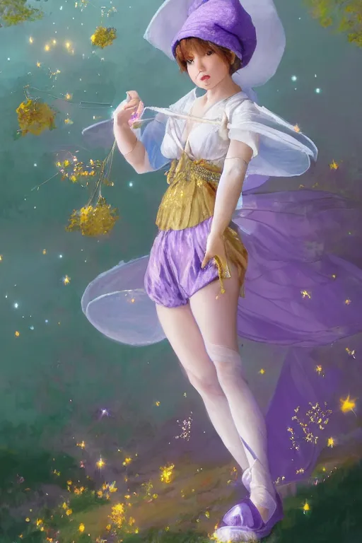 Image similar to Full View fairy maiden with short blond hair wearing an oversized purple Beret, Baggy Purple overall shorts, Short Puffy pants made of silk, silk shoes, a big billowy scarf, Golden Ribbon, and white leggings Covered in stars. covered in embroidery. Short Hair. peasant magic. masterpiece 4k digital illustration by Ruan Jia and Mandy Jurgens and Artgerm and william-adolphe bouguereau, award winning, Artstation, art nouveau aesthetic, Alphonse Mucha background, intricate details, realistic, panoramic view, Hyperdetailed, 8k resolution, intricate art nouveau