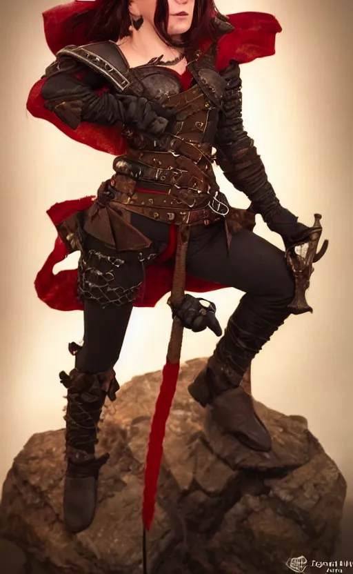 Image similar to epic fantasy d & d female halfling rogue riding on top of mr wobbles, black hair, red leather corset, cinematic, beautiful lighting, heroic