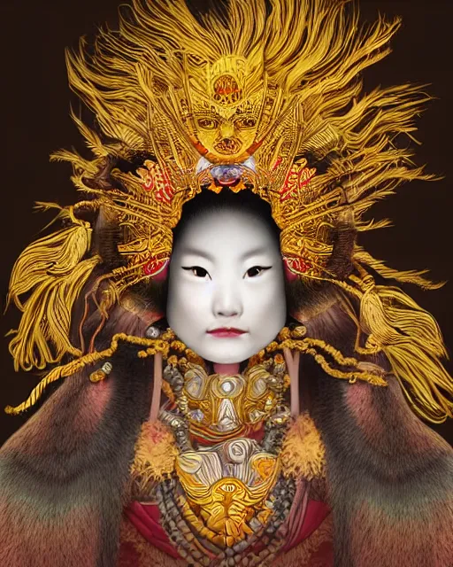 Image similar to hyper realistic portrait photo of ameterasu the sun goddess of japan, portrait shot, intricate detail