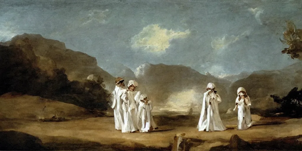 Image similar to hyperrealismBaptism on the river girls in white capes and robot skeletons landscape in style of Goya