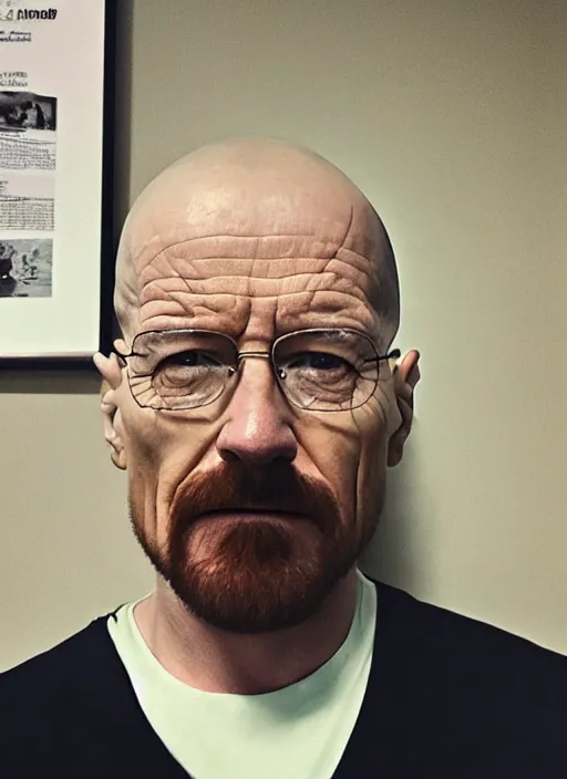 Prompt: img _ 1 1 5 2. jpg. walter white morning selfie. just woke up. candid, confused, looking at camera, snapchat, instagram, hashtags, front camera, tiktok, popular, realistic, real life