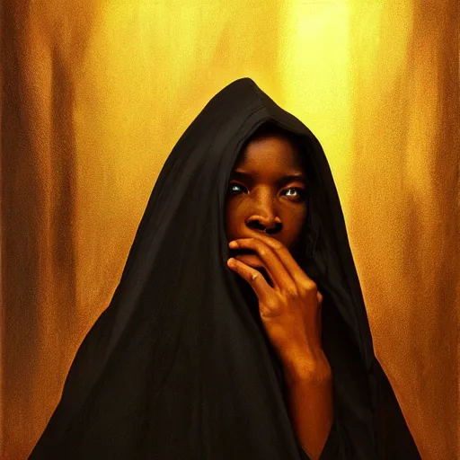 Image similar to a portrait of a young black woman wearing a long dark cloak, hood and shadows covering face, anatomically correct, beautiful perfect face, enigmatic, oil painting, matte painting, black background, Volumetric Golden dappled dynamic lighting, Highly Detailed, Cinematic Lighting, Unreal Engine, 8k, HD, by Beksinski