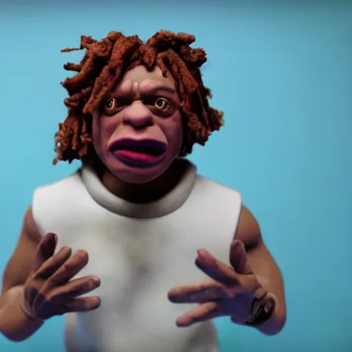 Image similar to a cinematic photograph still of trippie redd made out of clay, in claymation