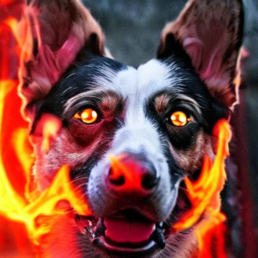 Image similar to hellhound with the head of a corgi and the body of a demon dog, flames, dark and intense red lighting, the hellhound is snarling, ultra realistic