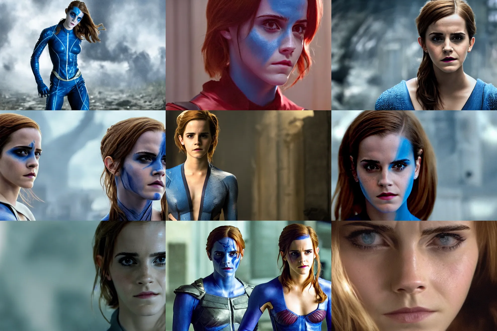 Prompt: emma watson as mystique, movie directed by joss whedon, movie still frame, promotional image, critically acclaimed, top 6 best movie ever imdb list, symmetrical shot, idiosyncratic, relentlessly detailed, cinematic colour palette