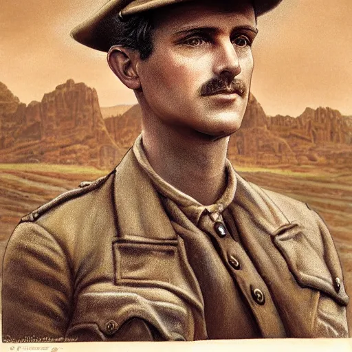 Image similar to a detailed photorealistic sepia - toned color portrait painting of a 1 9 1 7 worried clean - shaven british lieutenant in detailed field gear wearing a finely - detailed pith helmet in wadi rum, ultra realistic, intricate details, lovecraft, atmospheric, dark, horror, brooding, highly detailed, by clyde caldwell