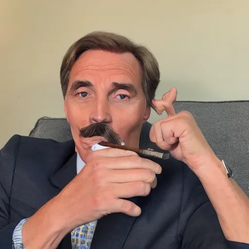 Image similar to mike lindell on disgusting couch smoking crack