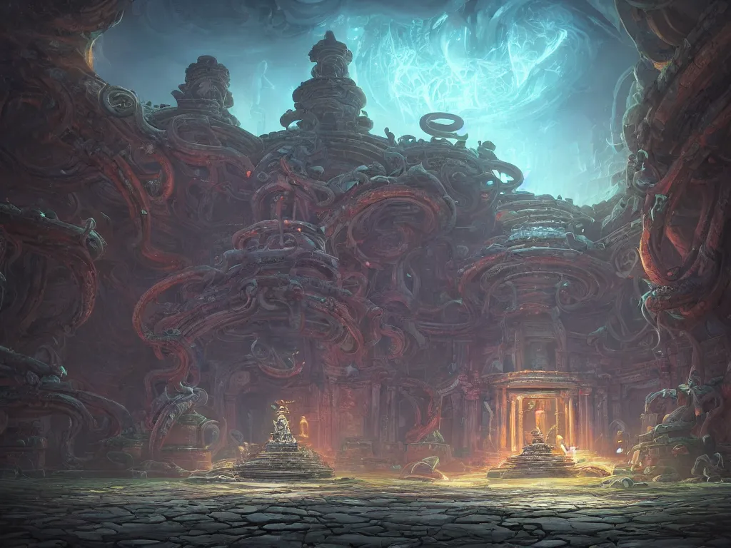 Prompt: A picture of a mysterious ancient temple with tentacles coming out of the massive entrance art by Jordan Grimmer and Tyler Edlin, ominous, cosmic horror, Ultra detailed, hyper realistic, 4k
