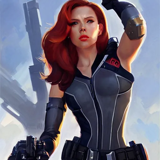 Image similar to greg manchess portrait painting of light armored natasha romanova aka black widow as overwatch character, medium shot, asymmetrical, profile picture, organic painting, sunny day, matte painting, bold shapes, hard edges, street art, trending on artstation, by huang guangjian and gil elvgren and sachin teng