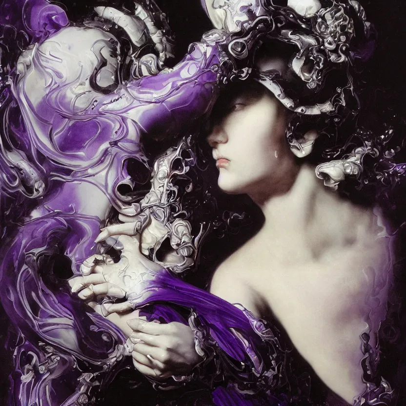 Image similar to a dark baroque close - up portrait of a purple and white porcelain being made out of white liquid sci - fi vitrified translucent ceramic marble ; china. reflective detailed textures. gloomy black background. highly detailed fantasy science fiction painting by moebius, norman rockwell, frank frazetta, and syd mead. rich colors, high contrast. artstation