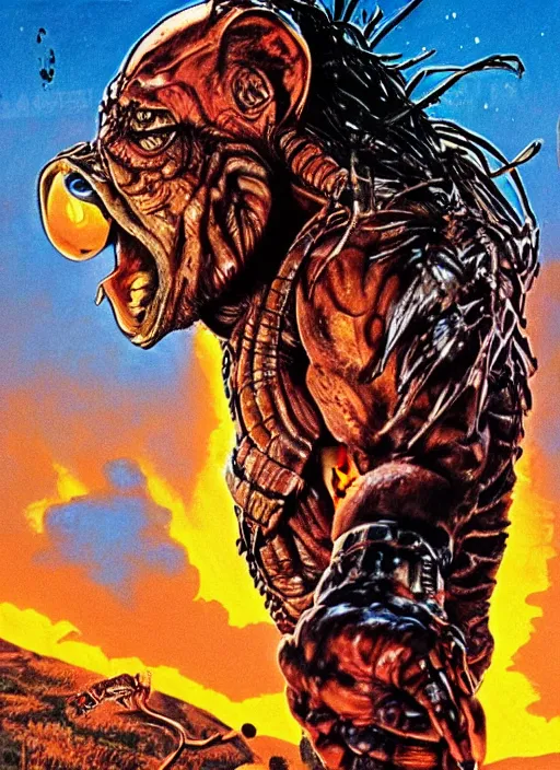 Prompt: Predator (1987) versus E.T. (1982) movie poster, illustration by Drew Struzan, John Alvin, highly detailed