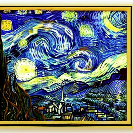 Prompt: a bottle on display filled by van gogh starry night, by van gogh