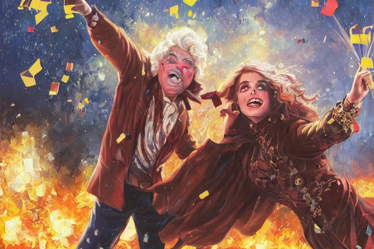 Image similar to portrait of rip taylor throwing confetti at an upset emma watson, an oil painting by ross tran and thomas kincade