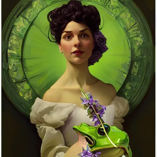 Prompt: oil painting portrait of green anthropomorphic frog wearing a lilac silk gown, highly detailed, digital painting, artstation, concept art, sharp focus, illustration, art by leyendecker and greg rutkowski and alphonse mucha