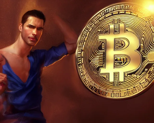 Prompt: attractive oiled up glossy man posing in front of a huge golden bitcoin, angelic light, commercial by annie liebovitz, gaston bussiere, craig mullins, j. c. leyendecker, photorealistic, trending artstation, 8 k, smooth