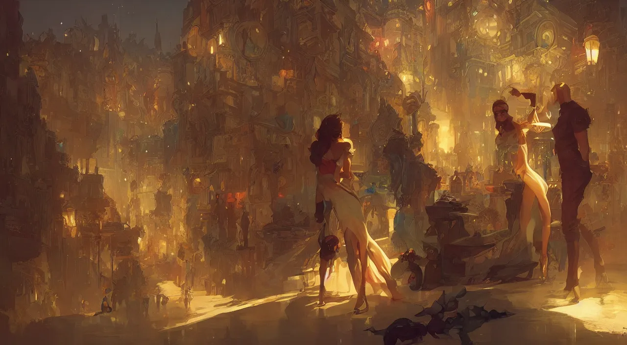 Image similar to bazaar zouk place sky shine digital painting, artstation, concept art, sharp focus, illustration, cinematic lighting, art by artgerm and greg rutkowski and alphonse mucha