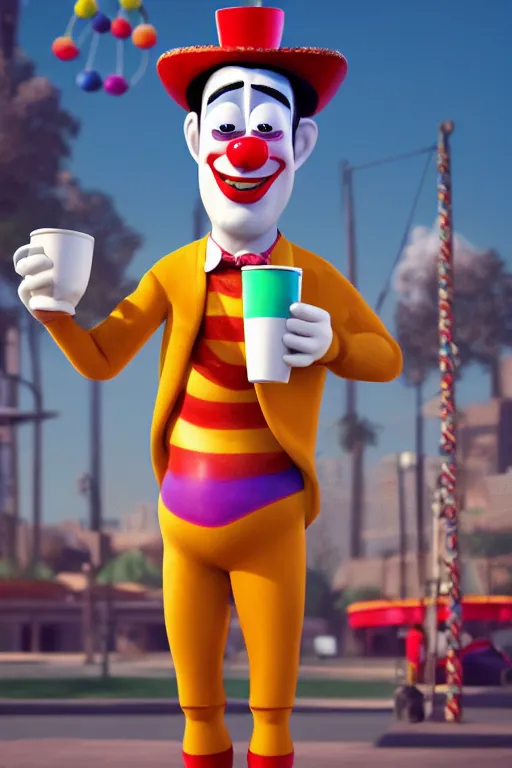 Prompt: portrait of a clown holding a cup of coffee with the circus in background, full body. pixar disney 4 k 3 d render funny animation movie oscar winning trending on artstation and behance