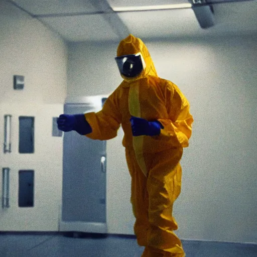 Prompt: a man wearing a hazmat suit, cheering, film still, Panavision PSR-200 35mm