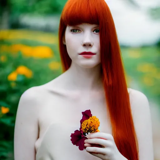 Image similar to Portrait of a young redhead lady with a flower, Canon EOS R3, f/1.4, ISO 200, 1/160s, 8K, RAW, unedited, symmetrical balance, in-frame