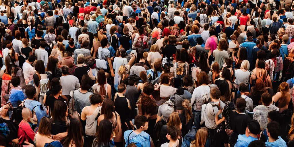 Prompt: istock, groups of people, from behind, wide angle, cinematic atmosphere, elaborate, highly detailed, istock, dramatic lighting