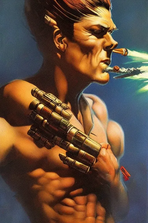 Image similar to An android smoking a cigar in a cyberpunk setting, by Frank Frazetta, Trending on Artstation, highly detailed,