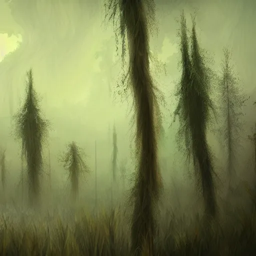 Image similar to artistic swamp with mystic fog, vegetation, few trees, from horror movies, artstation