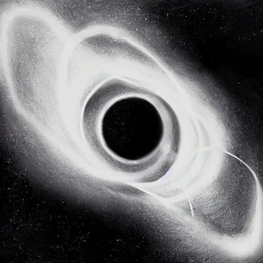 Prompt: a beautiful illustration of a black hole. this hole appears to be a portal to another dimension or reality, and it is emitting a bright, white light. there are also stars and other celestial objects around it. charcoal, botanical illustration by daniel jaems weary