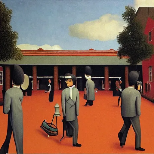 Image similar to A painting of a hawker centre by Rene Magritte