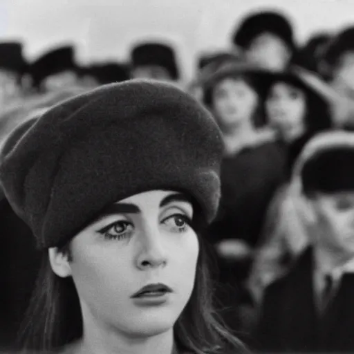 Image similar to still from a masterpiece 1 9 6 0 s french art film, very beautiful and elegant girl in beret with large eyebrows sits in the far background with an angry expression, moody lighting, viewed from afar, cinematic shot, the camera is focused on a crowd of people