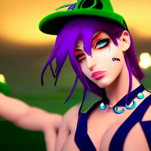 Image similar to cinematic scene with bella thorne as jolyne from jojo's bizarre adventure, stone ocean, dramatic, small details, volumetric lighting, still frame