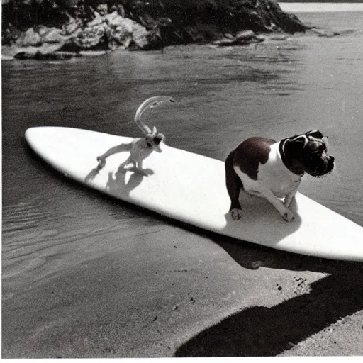 Image similar to staffordshire terrier boxer mix, riding a surfboard, as a vintage hawaiian postcard