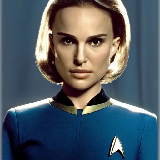 Image similar to Natalie Portman in Star Trek, 3/4 view, (EOS 5DS R, ISO100, f/8, 1/125, 84mm, postprocessed, crisp face, facial features)