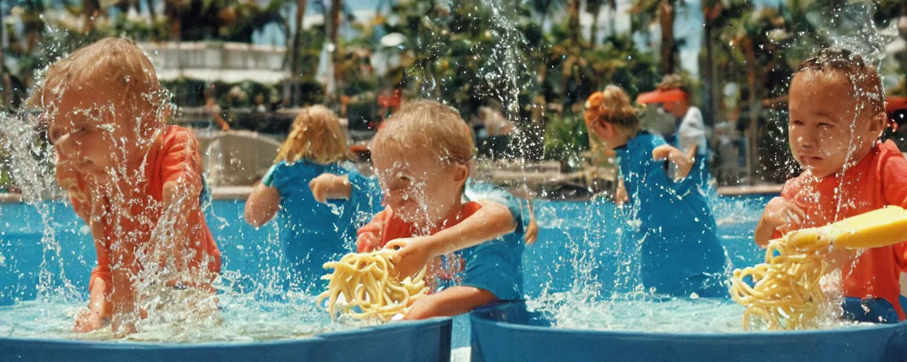 Image similar to shame at sea world playing with spaghetti, water splashing,, small details, intricate, sharply focused, canon 5 0 mm, wes anderson film, kodachrome