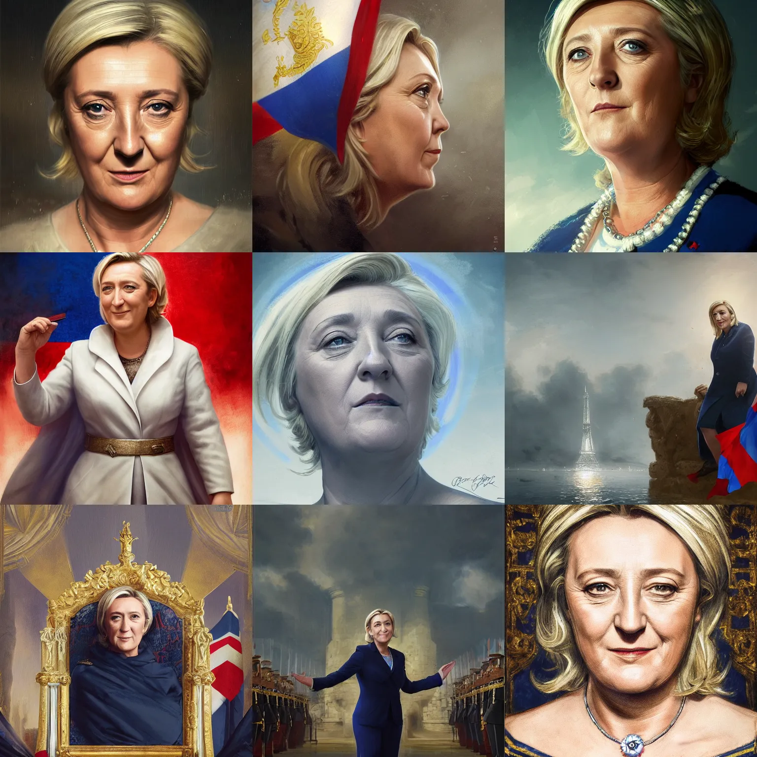 Prompt: Portrait of Marine le Pen as emperor of France , french flag, amazing splashscreen artwork, splash art, head slightly tilted, natural light, elegant, intricate, fantasy, atmospheric lighting, cinematic, matte painting, by Greg rutkowski