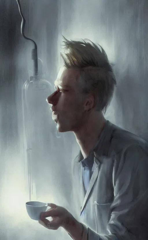 Prompt: a beautiful artwork illustration, concept art sketch of a portrait of a blonde man drinking coffee in a laboratory, moody theme, volumetric fog, godrays, high contrast, high contrast, high contrast, vibrant colors, vivid colors, high saturation, by Greg Rutkowski and Jesper Ejsing and Raymond Swanland and alena aenami, featured on artstation, wide angle, vertical orientation