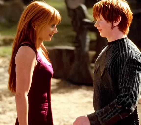 Prompt: a movie still of sarah gellar as xena speaking to ron weasley in the movie harry potter