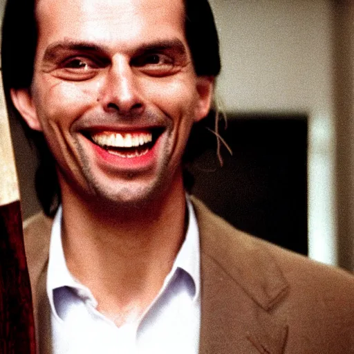 Image similar to Thierry Baudet grinning and holding a hatchet in the movie American Psycho