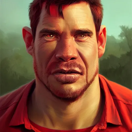 Image similar to portrait of a half man half pig with red shirt ,digital art,photorealistoc,art by greg rutkowski,hyperdetailed,western comic style,comic,comic style,sharp lineart,professional lighting,deviantart,artstation,trevor henderson,rossdtaws,cinematic,dramatic