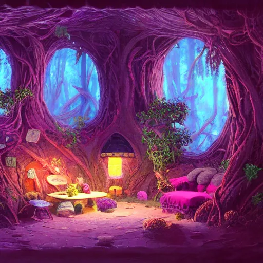 Image similar to concept art painting of a interior of a cozy alien fantasy cottage made of mushrooms and fungus, with black vines and magenta houseplants, blue and magenta light, realistic, detailed, cel shaded, dark, in the style of makoto shinkai and greg rutkowski and james gurney