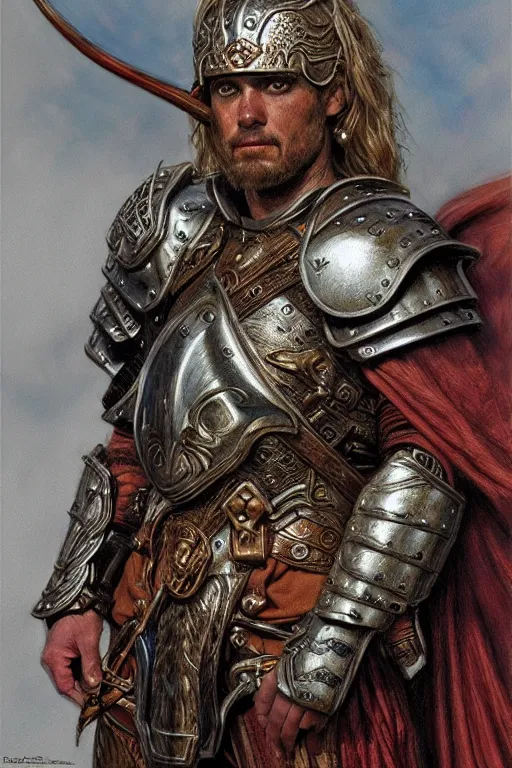 Image similar to head and shoulders portrait of a warrior, male, breastplate, magical, high fantasy, d & d, by donato giancola, face details, extremely detailed, digital illustration