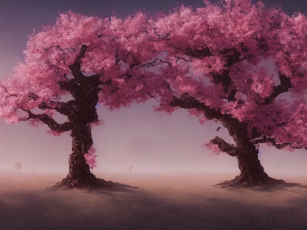 Prompt: a Photorealistic complex hyper detailed hyper realistic rendering of a gigantic eerie knotted tree full of beautiful blossoming pink Sakura flowers in a desert valley with flowers scattered all over the ground at sunset by Craig Mullins,Greg Rutkowski,Beautiful dynamic dramatic dark moody lighting,shadows,volumetric,Cinematic Atmosphere,high surface and silhouette details,Octane Render,8k