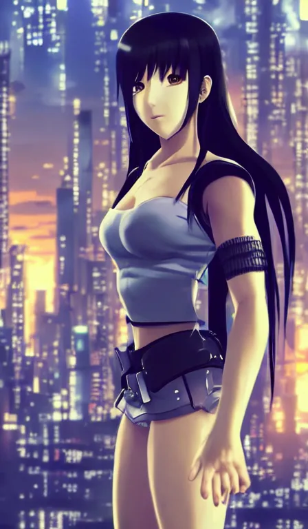 Image similar to anime fine details portrait of Tifa Lockhart in front of cyberpunk moder city landscape on the background deep bokeh, close-up view, anime masterpiece by Studio Ghibli. 8k, sharp high quality anime, artstation