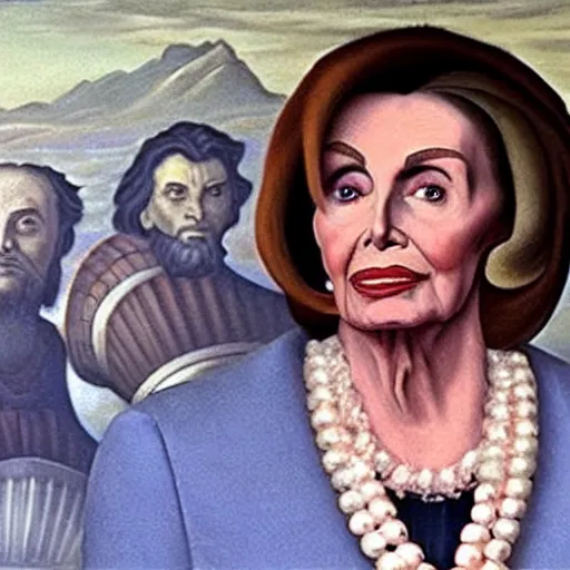 Prompt: nancy pelosi standing in front of 1 6 th century backdrop in the painting of vigo the carpathian. she ominously stares. painting by lou police for ghostbusters 2.