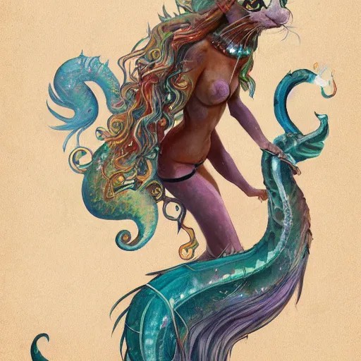 Prompt: cat seahorse mermaid shapeshifter, long-haired humanoid fursona by Peter Mohrbacher and Louis Wain, furaffinity, trending on artstation