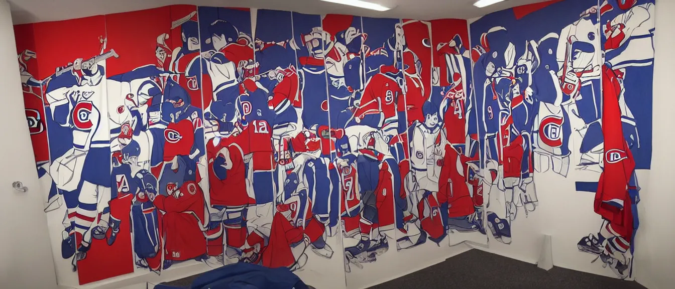 Image similar to montreal canadiens habs centre bell hockey dressing room, style of studio ghibli + moebius + basquiat, cute, detailed,