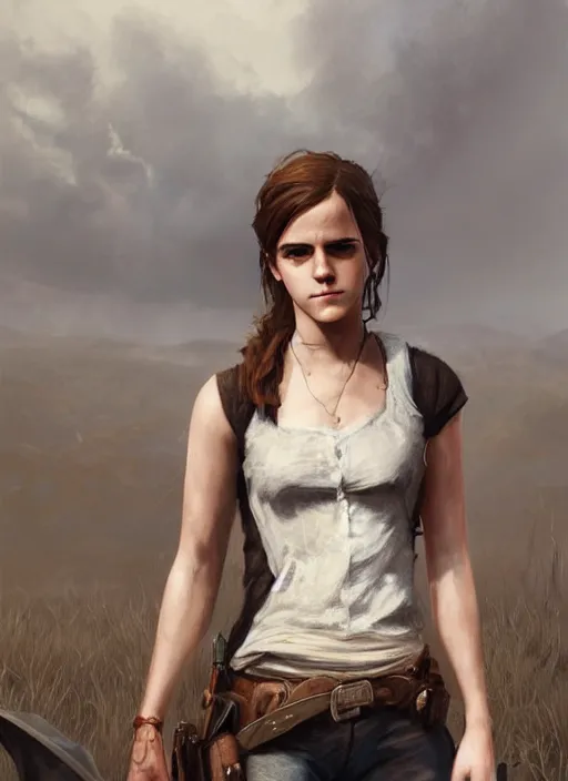 Image similar to highly detailed full body portrait of emma watson red dead redemption art, horse back, unreal engine, fantasy art by greg rutkowski