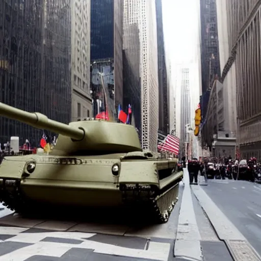 Prompt: a tank cruises down wall street