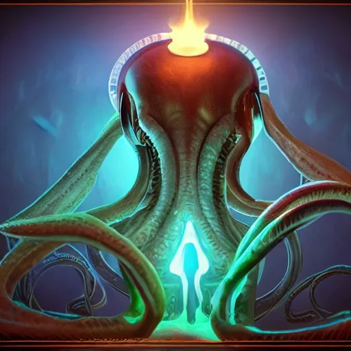 Prompt: ilithid mindflayer with headphones playing synthesizers, D&D, sigils, glowing candles, studio quality, intricate detail, unreal engine, hyperrealistic,