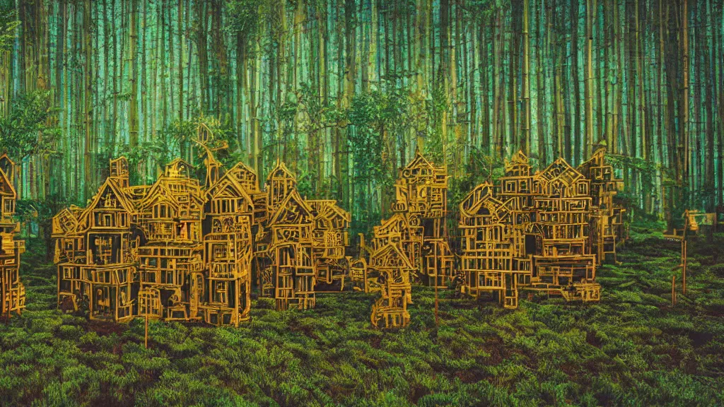 Image similar to portrait of an ethereal vaporwave wooden village made of golden lavender and green light, evergreen forest, divine, cyberspace, mysterious, high-contrast, 4k, award-winning photograph